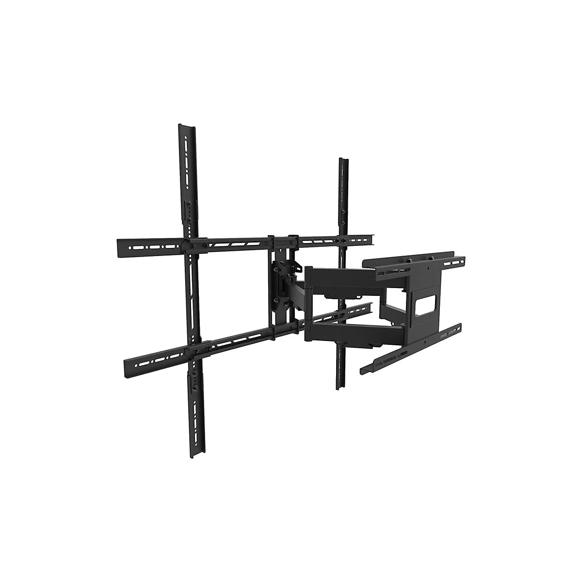 Schwarze TV-Wandhalterung, drehbar, mit mehreren Armen und Halterungen vor weißem Hintergrund.