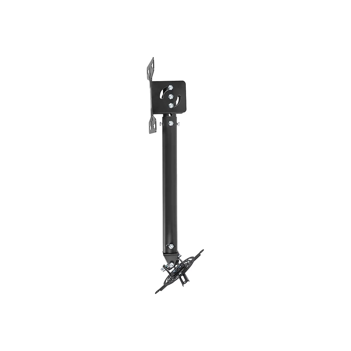 Schwarze Deckenhalterung für Monitore mit langer Stange und schwenkbarem Gelenk vor weißem Hintergrund.