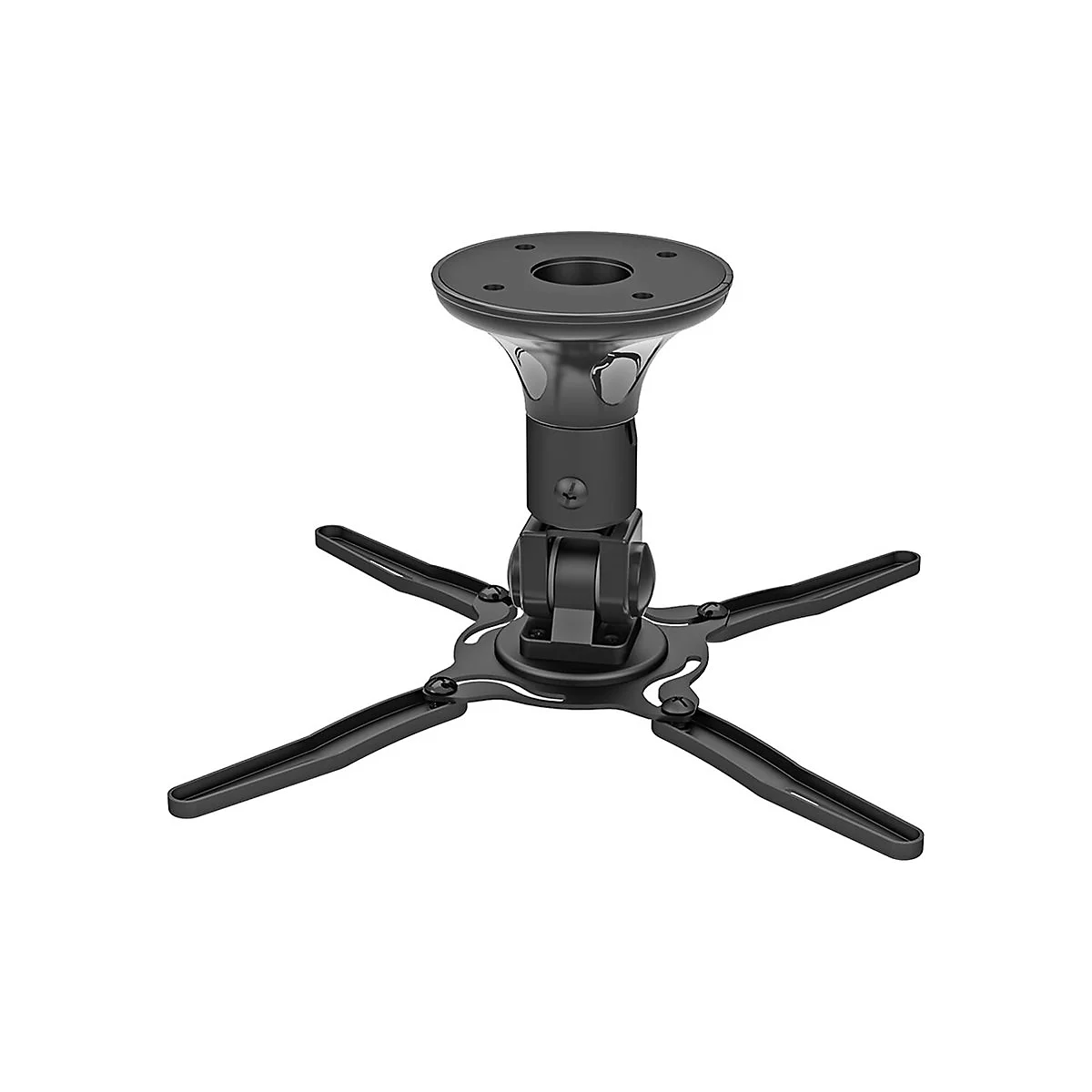 Schwarze Deckenhalterung für einen Projektor, von oben betrachtet. Der Projektorhalter hat einen runden Sockel mit Löchern.