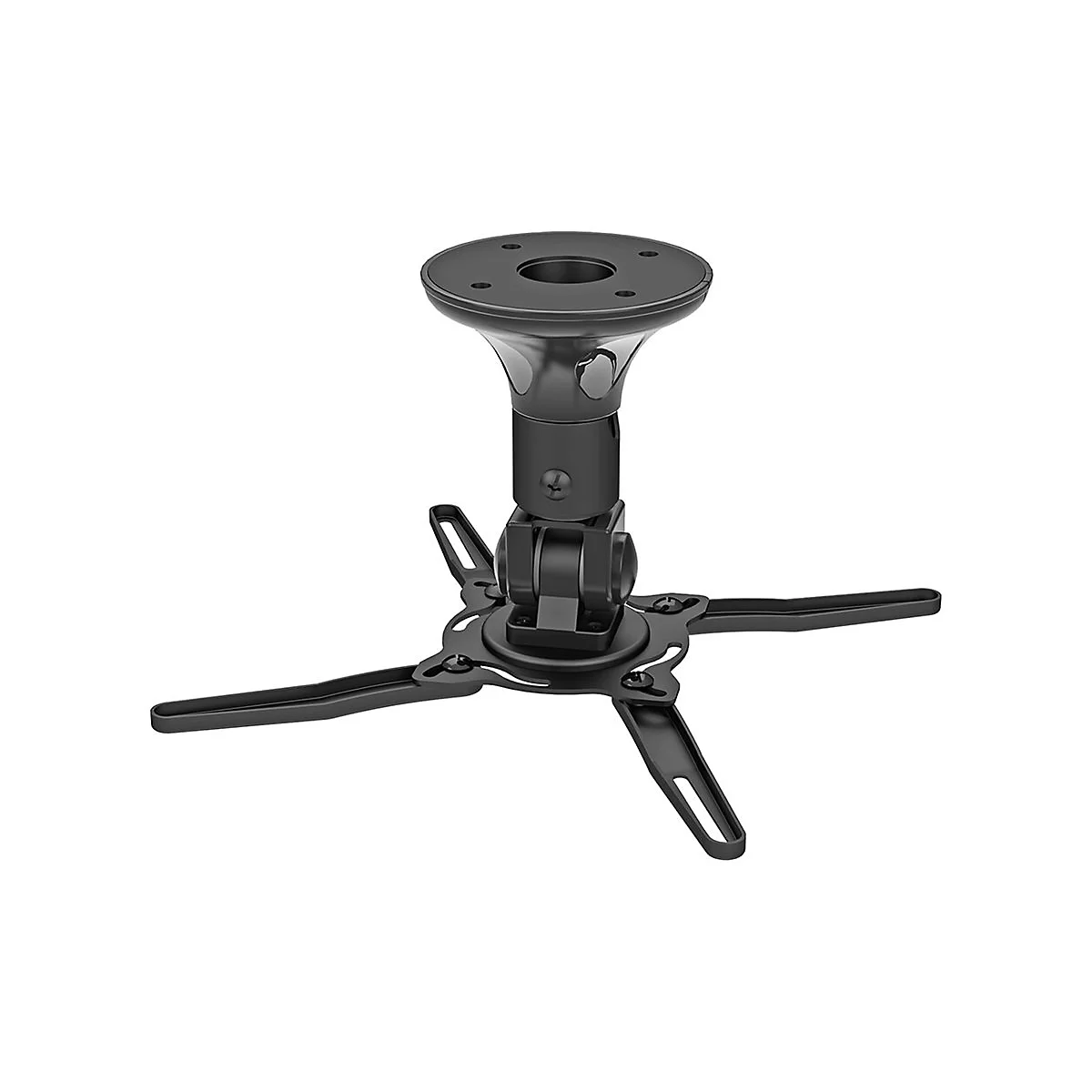 Schwarze Deckenhalterung für einen Projektor, mit vier ausziehbaren Armen.