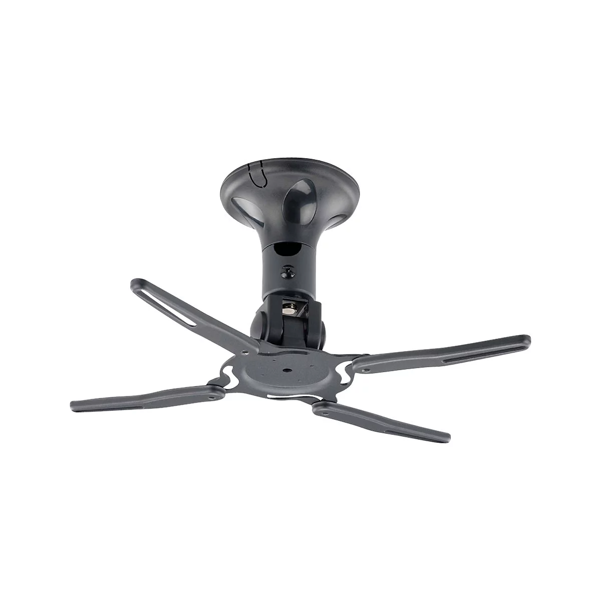 Schwarze Deckenhalterung für einen Projektor, mit vier ausklappbaren Armen, die von einem runden, zylindrischen Hals getragen werden.