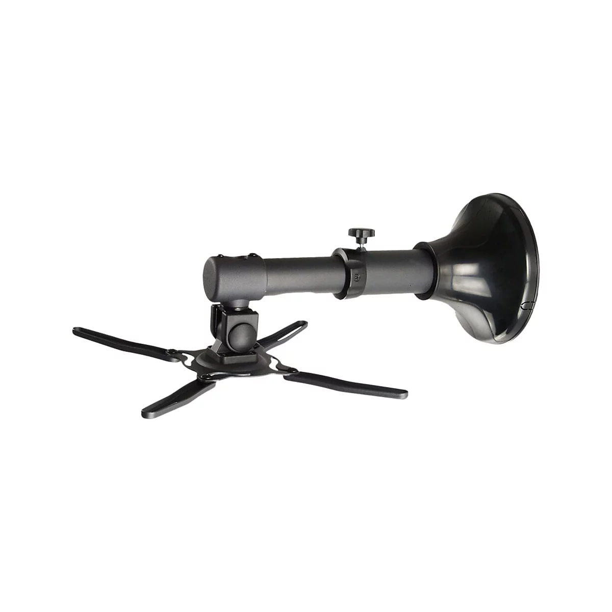 Schwarze Deckenhalterung für einen Projektor, zeigt verschiedene Arme mit drehbarem Kopf und Horn.