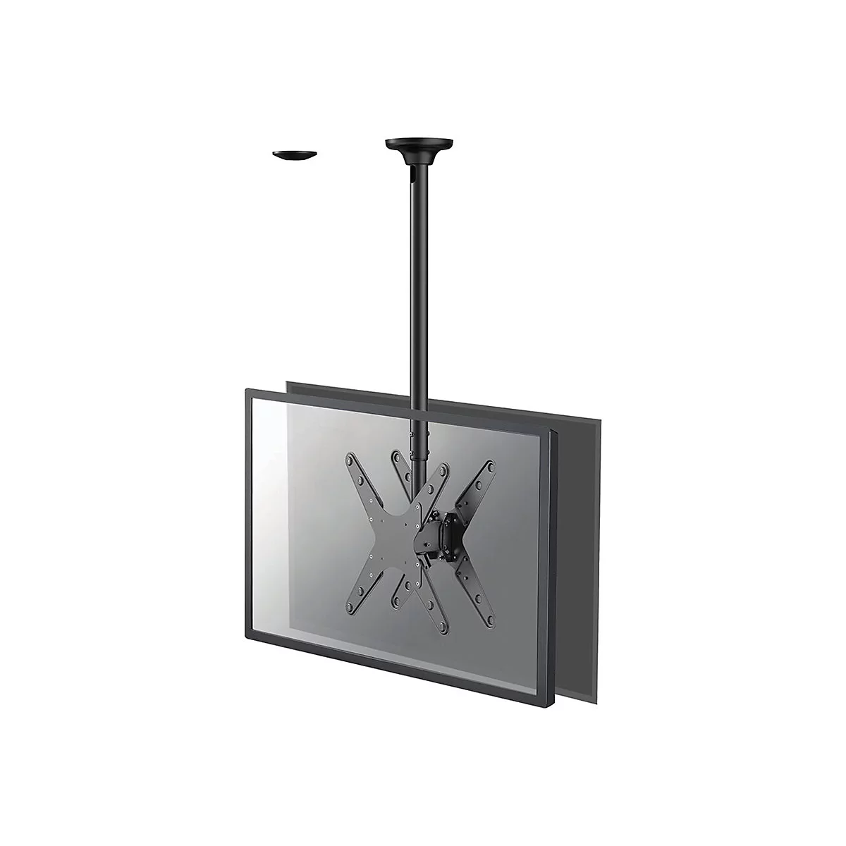 Schwarze Deckenhalterung für einen Fernseher, der vor einem weißen Hintergrund schwebt.