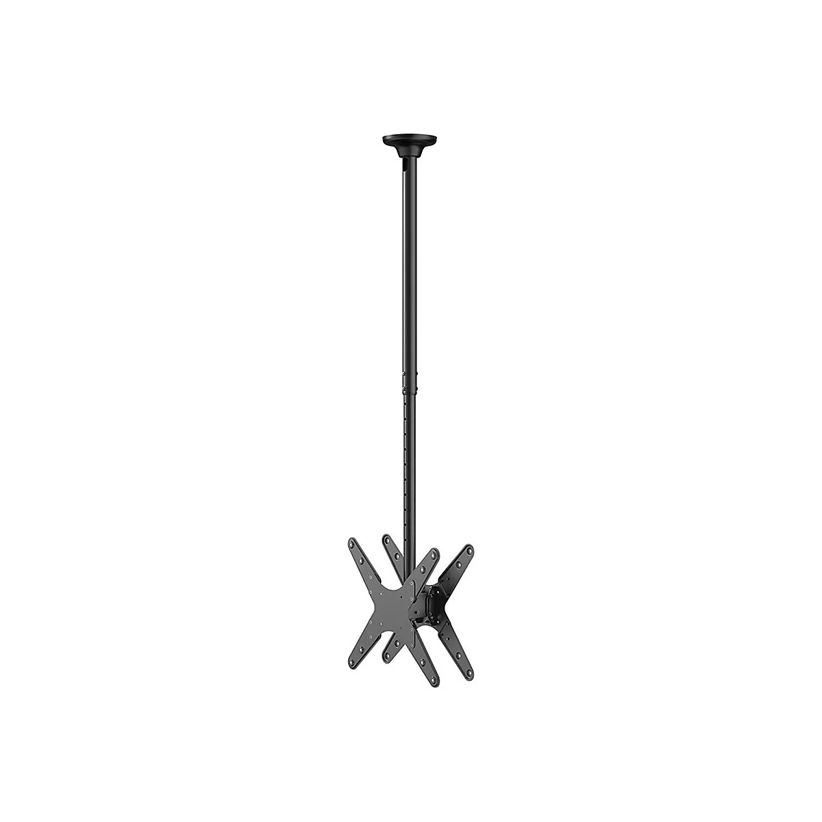 Schwarze Deckenhalterung für Flachbildschirme. Ein schwarzer Mast verbindet die Deckenplatte mit der Halterung, die sternförmig aufgebaut ist.
