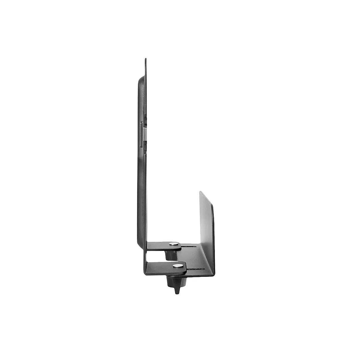 Schwarzer Metallhalter fÃ¼r Bildschirme, Seitenansicht. Rechteckiger TrÃ¤ger mit Befestigungspunkten und Winkeln, schlichtes Design.