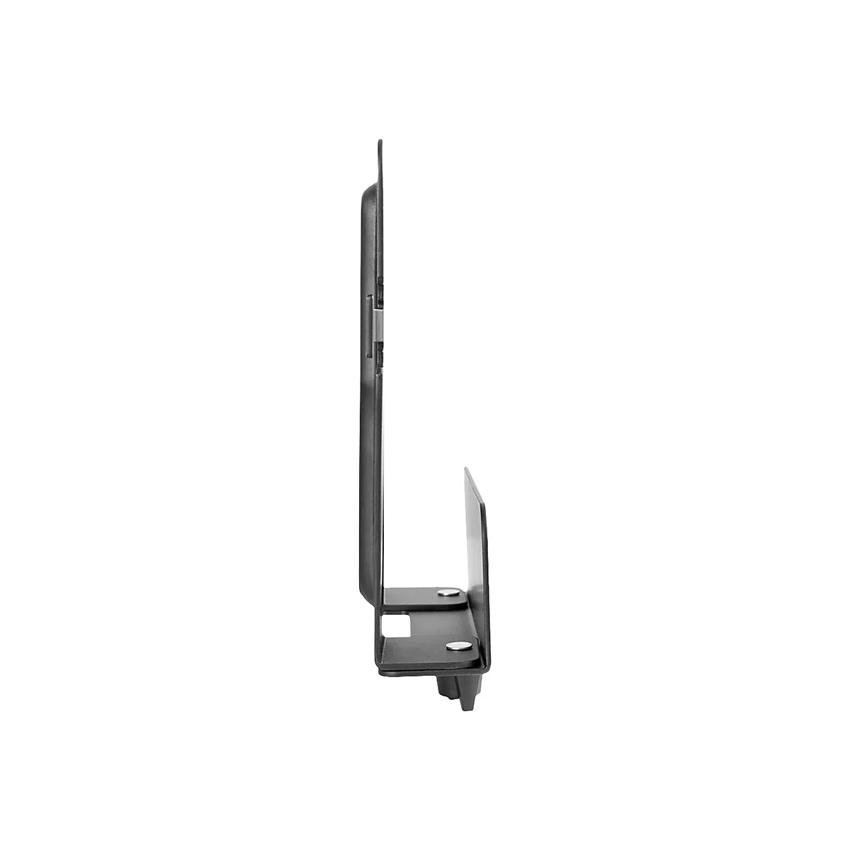 Schwarzer Metallhalter, Seitenansicht. Ein schmales, vertikales Element ist mit einem L-fÃ¶rmigen Element verbunden.