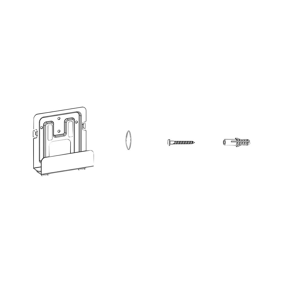 Ein Montageset fÃ¼r ein Wandprodukt mit Halterung, DÃ¼beln und Schrauben auf weiÃŸem Hintergrund.
