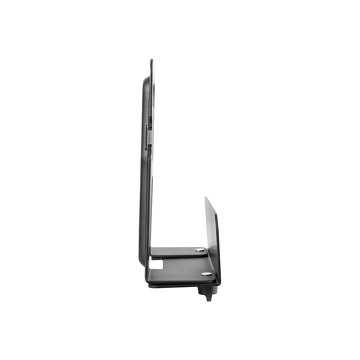 Schwarze Halterung fÃ¼r einen Monitor. Die Halterung besteht aus Metall und hat eine L-Form mit einer vertikalen und einer horizontalen Platte.