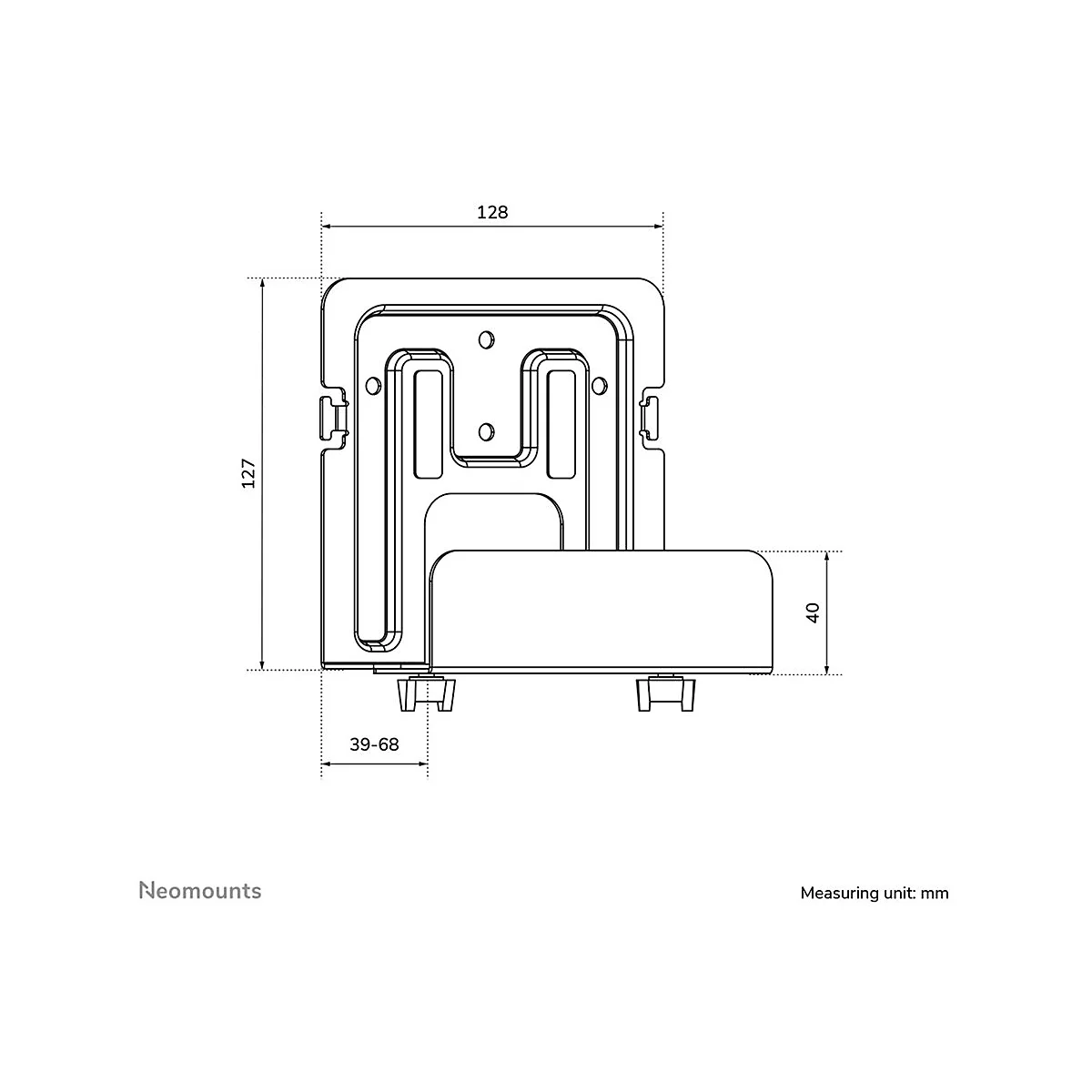 Technische Zeichnung einer Halterung mit MaÃŸangaben, Seitenansicht. Text: Neomounts, Measuring unit: mm.