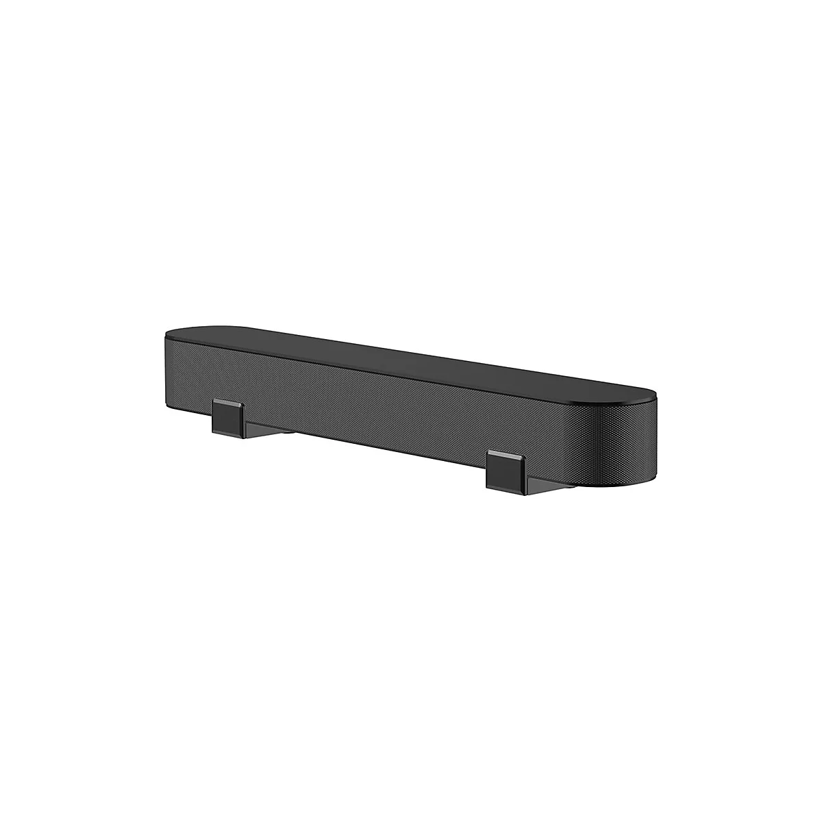 Schwarze Soundbar mit abgerundeten Enden, zwei FÃ¼ÃŸe zur Montage.