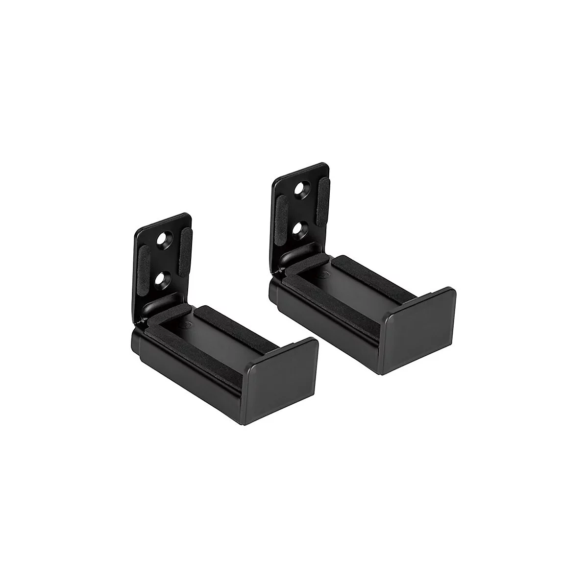 Zwei schwarze Wandhalterungen fÃ¼r Lautsprecher. Jede Halterung hat ein abgewinkeltes Design mit LÃ¶chern und einer gepolsterten Auflage.