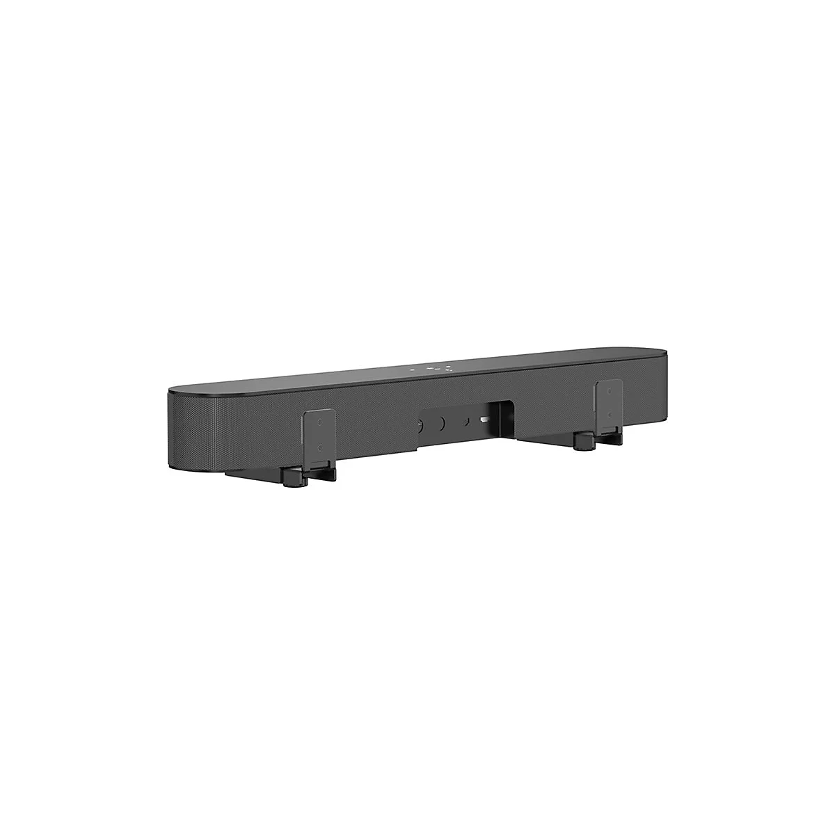 Dunkle Soundbar mit Halterungen, vor weiÃŸem Hintergrund. RÃ¼ckseite mit AnschlÃ¼ssen, klar und kantig.