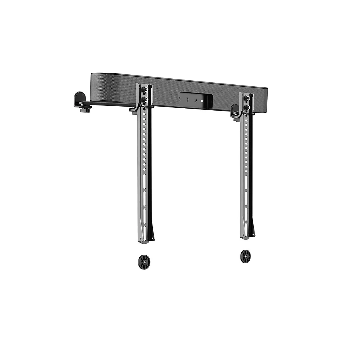 Schwarze Soundbar-Halterung. Zwei vertikale Halterungen mit runden Schrauben.