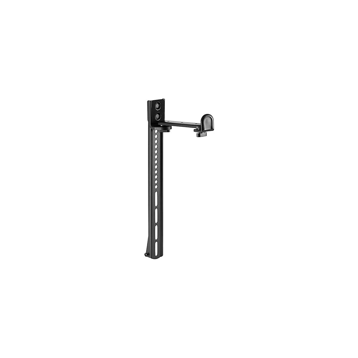 Schwarze TV-Halterung. Mit einer lÃ¤nglichen vertikalen Stange und einem abgewinkelten Arm mit Halterung.