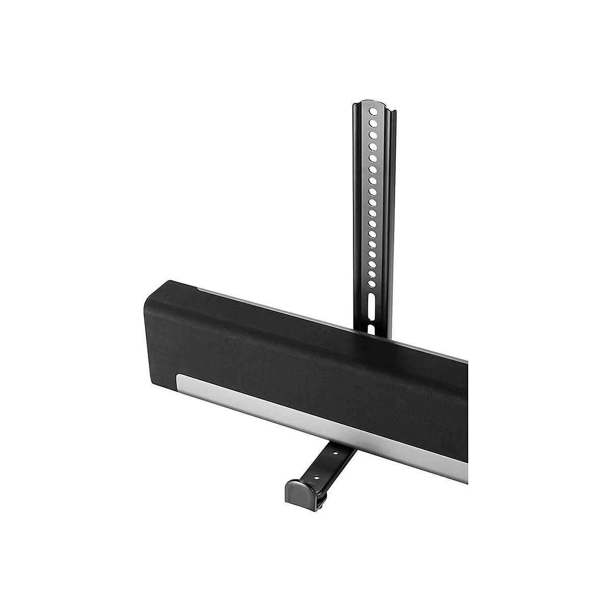 Schwarze Soundbar-Halterung mit silbernen Akzenten. Sie besteht aus Metall und hat ein lÃ¤ngliches Design mit LÃ¶chern fÃ¼r die Montage.