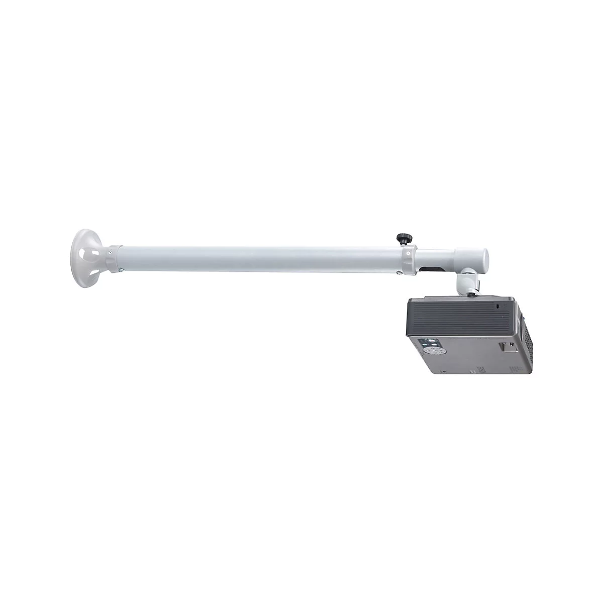 WeiÃŸer Deckenprojektorhalter mit Projektor. Das GerÃ¤t ist an einer weiÃŸen Stange befestigt, die an der Decke montiert ist.