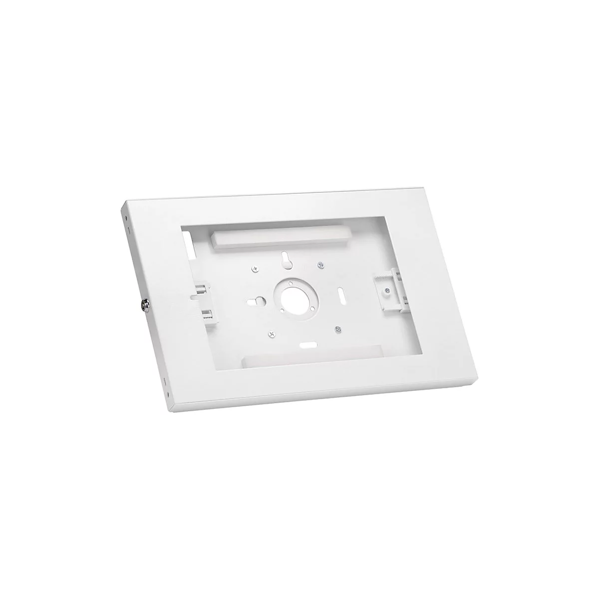 WeiÃŸe Tablet-Wandhalterung, rechteckig, mit Aussparung und Befestigungselementen.