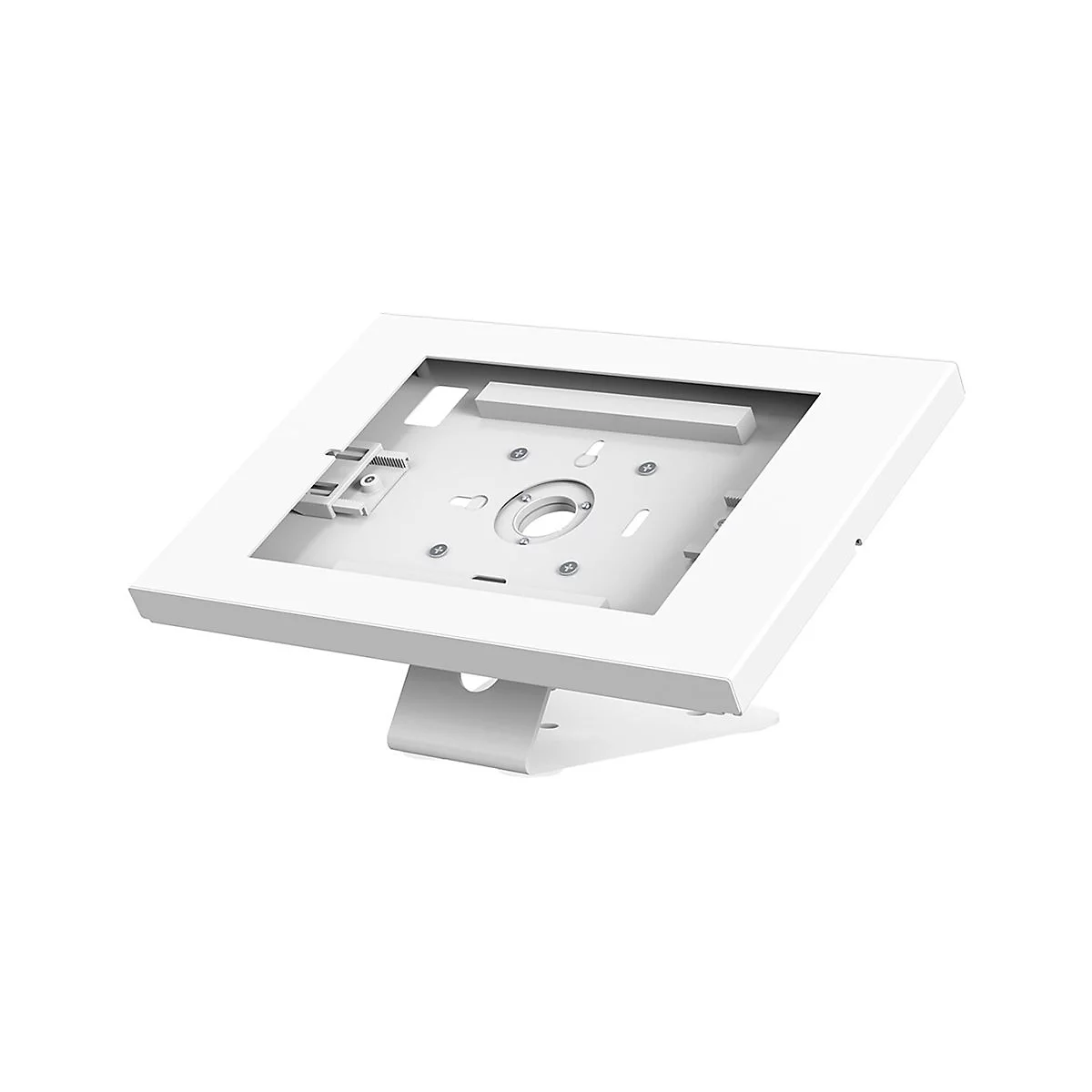 WeiÃŸes Tablet-Halterung mit quadratischem Rahmen und StÃ¤nder, Blick von schrÃ¤g oben.