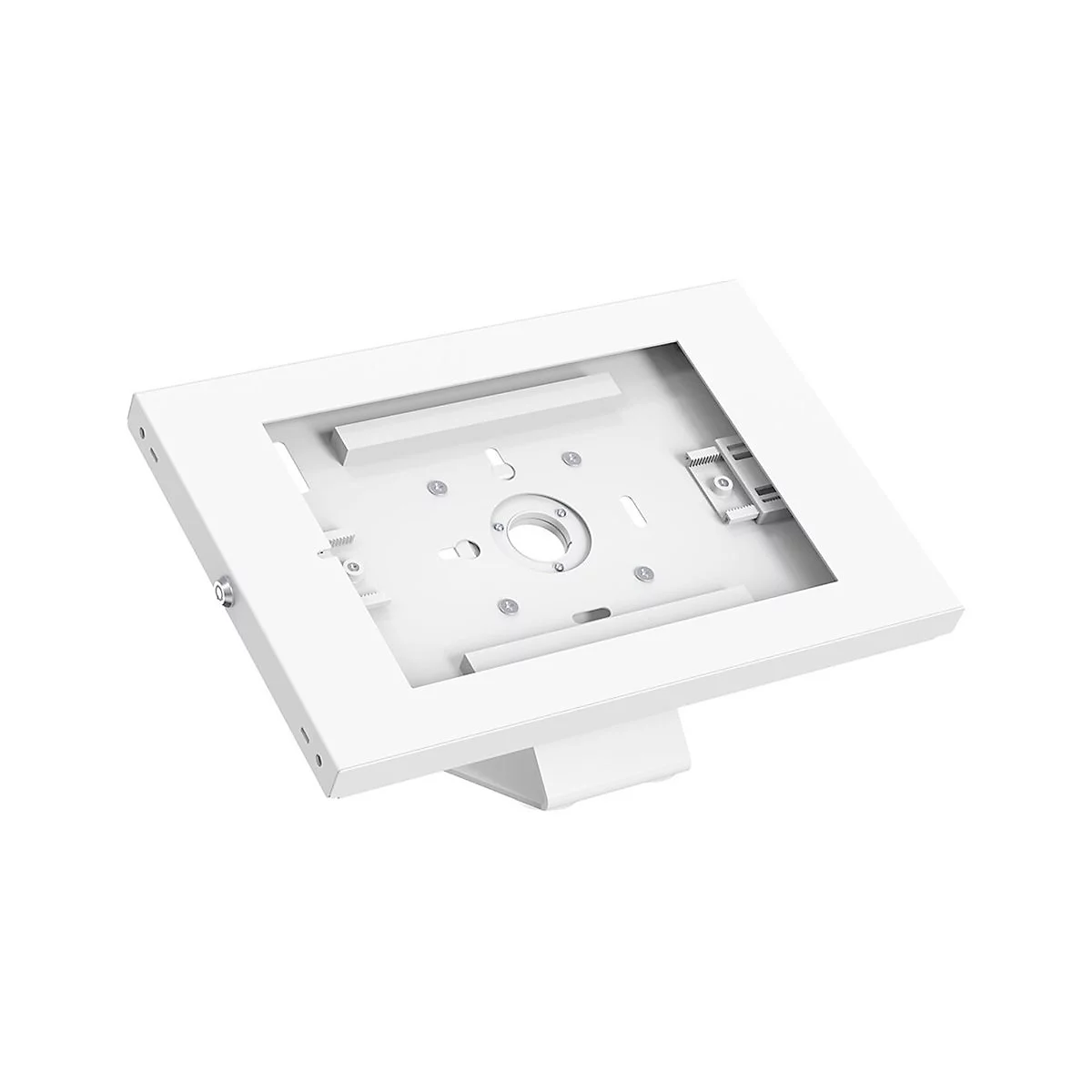 WeiÃŸer Tablet-Halter, flach, eckig, mit LÃ¶chern und Halterungen zur Befestigung. Steht auf einem Sockel.