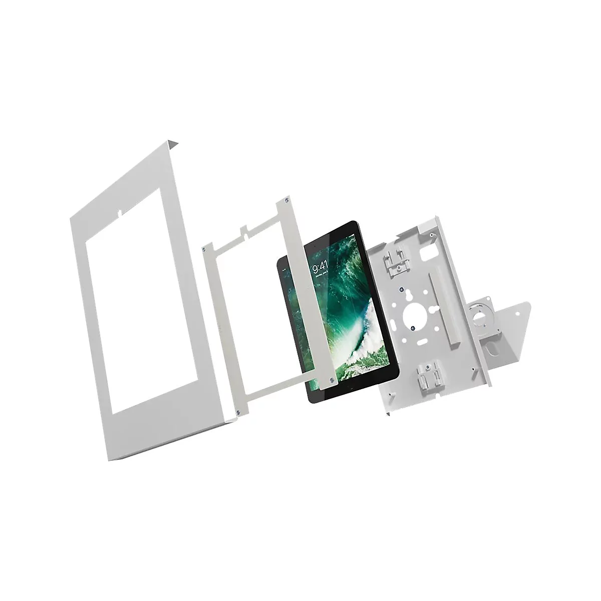 Explodierte Ansicht einer Tablet-Halterung. Das Tablet wird von Halterungsteilen umgeben, die vor weiÃŸem Hintergrund montiert werden.