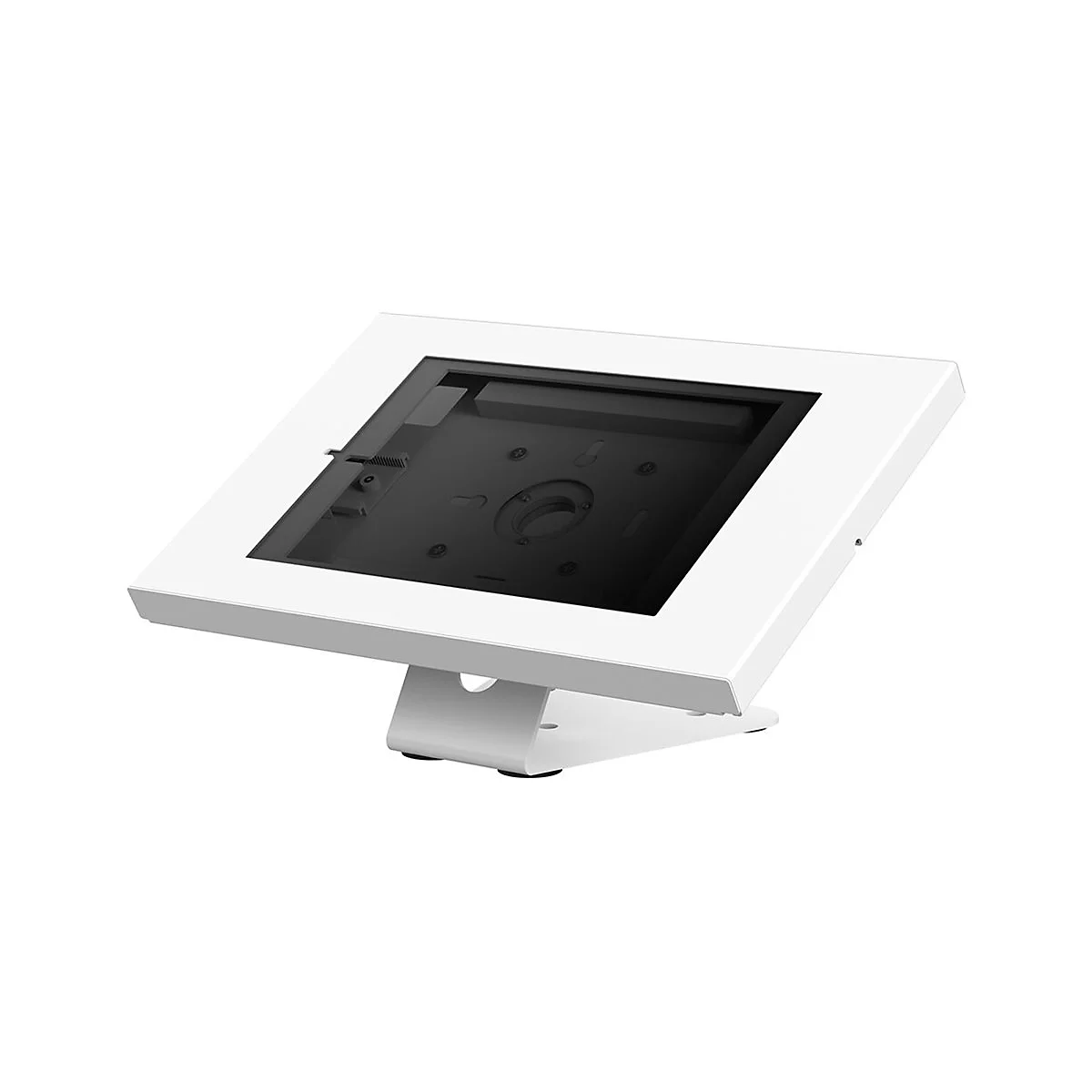 WeiÃŸer Tablet-Halter, geneigt, mit dunklem Bildschirmbereich und StandfuÃŸ. Ein schlichtes Design.