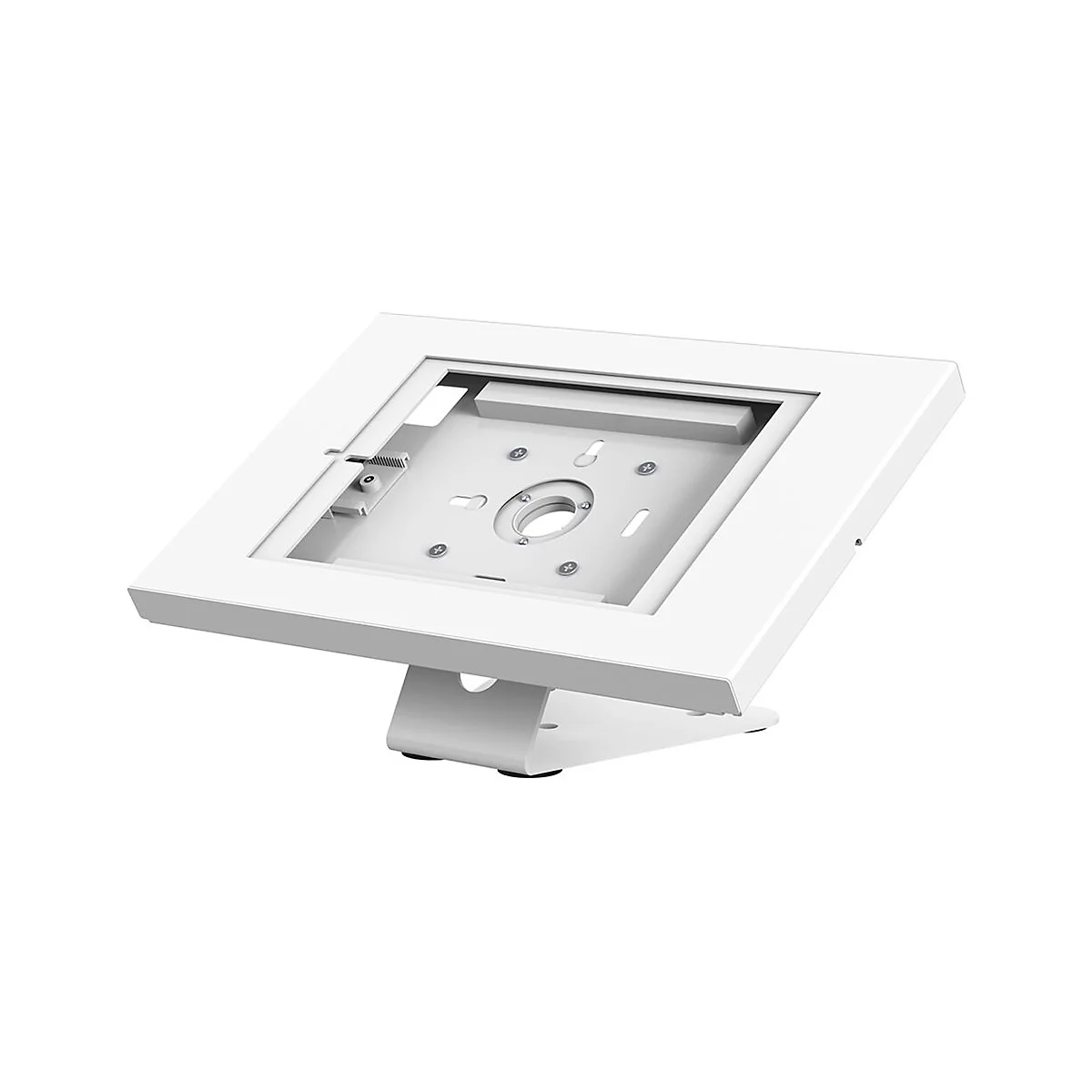 WeiÃŸes Tablet-GehÃ¤use, leicht angewinkelt auf einer Basis, Schrauben sichtbar.