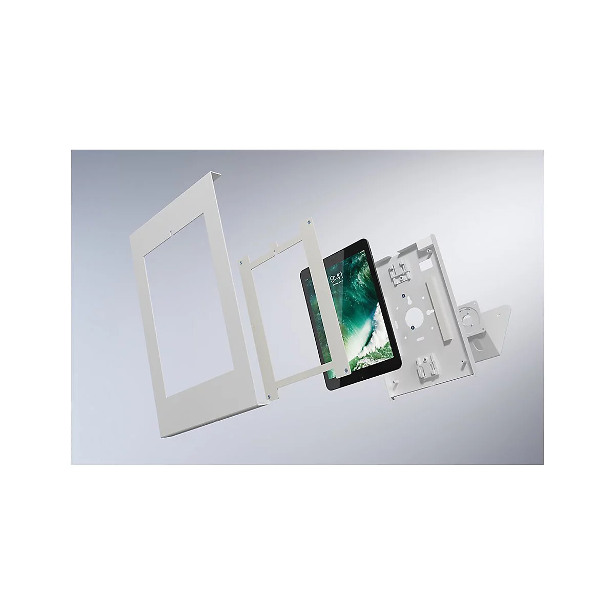 Explodierte Ansicht eines Tablet Halters, die Einzelteile sind in der Luft angeordnet.
