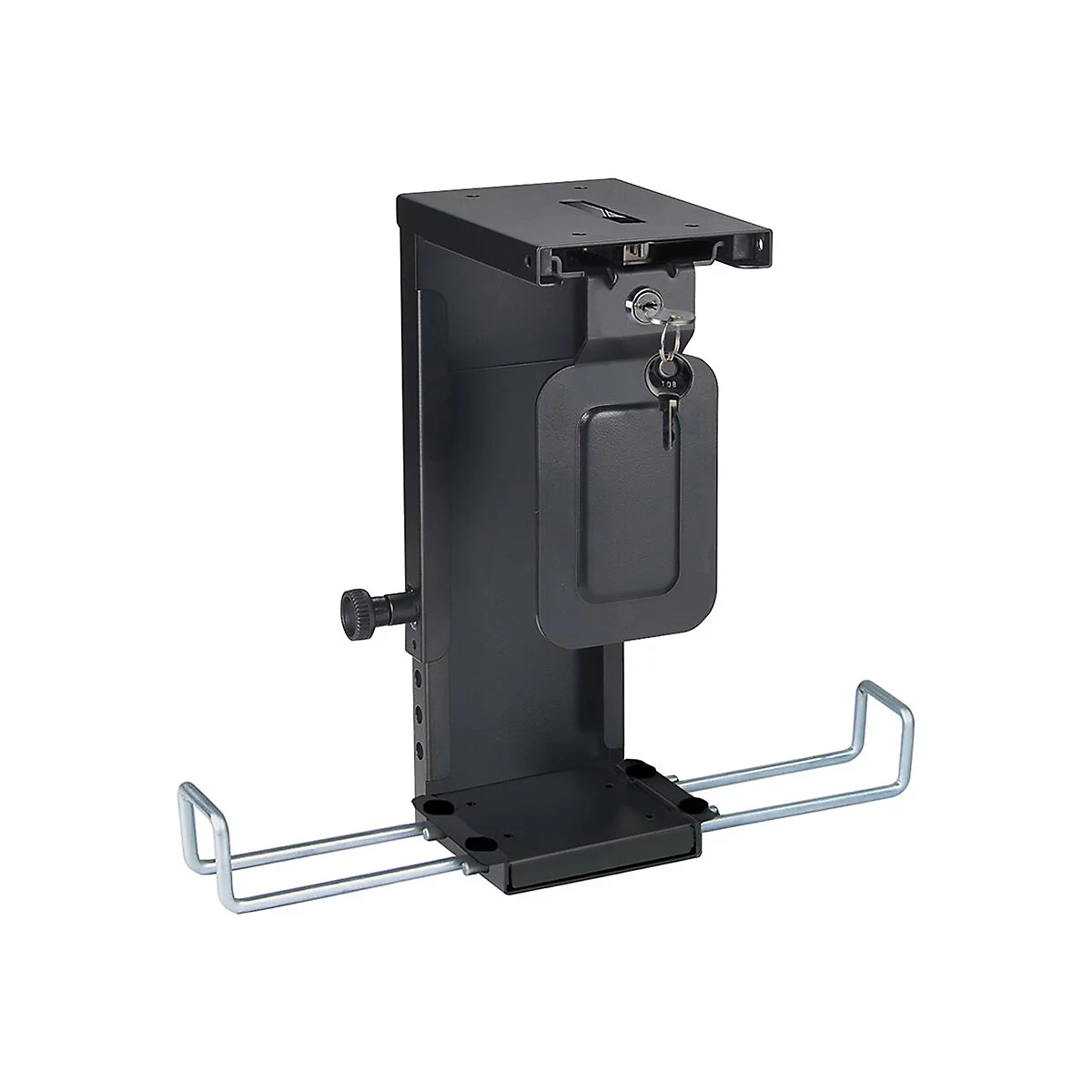 Schwarzer PC Halterung mit SchlÃ¼sseln und einer Metallhalterung.