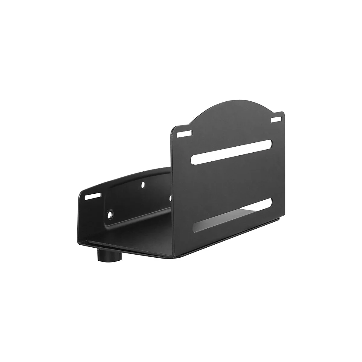 Schwarzer PC-Halter. Rechteckiger Rahmen mit zwei horizontalen Schlitzen und abgerundetem oberen Teil. Auf weiÃŸem Hintergrund.