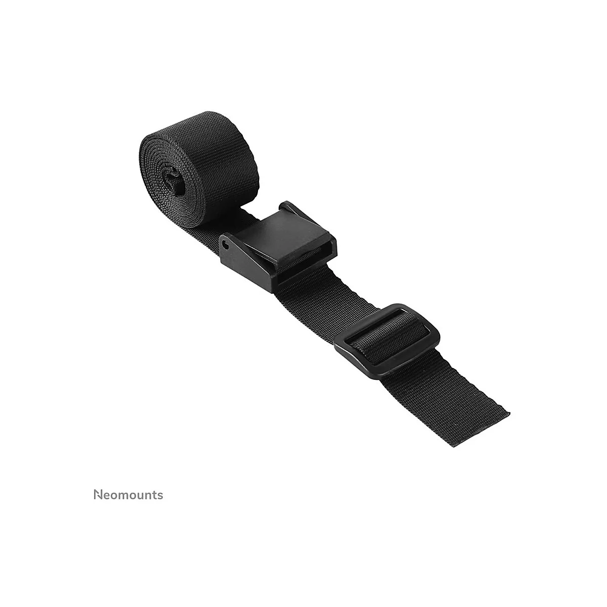 Schwarzes Spanngurt mit Schnallen. Das Gurtband ist aufgerollt. Aufschrift: Neomounts.