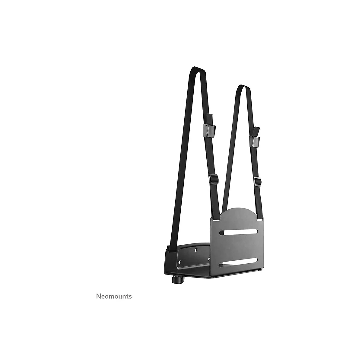 Schwarzer PC-Halter mit Gurten. Ein Metallrahmen mit zwei lÃ¤nglichen LÃ¶chern, verbunden mit zwei schwarzen Gurten, die verstellbar sind.
