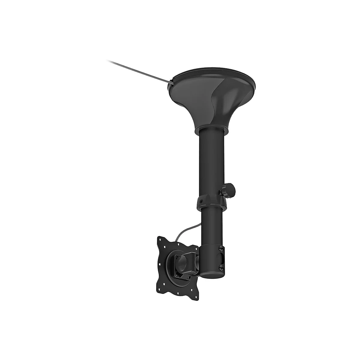 Deckenhalterung für Monitor, schwarz, Kabel, weißer Hintergrund.