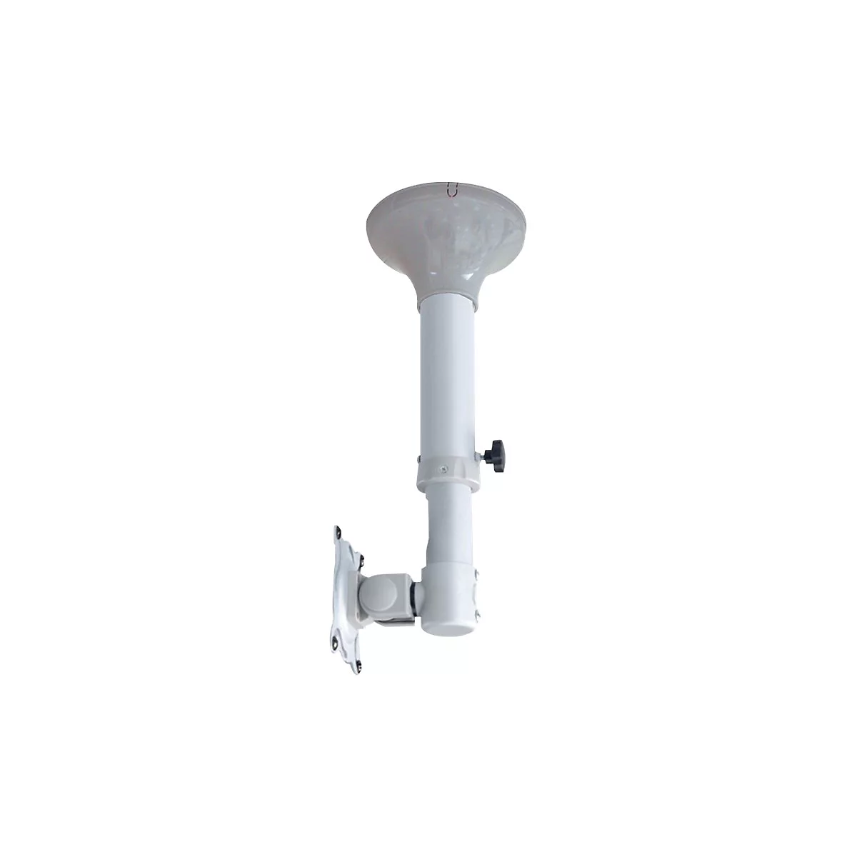 Deckenhalterung für einen Monitor, weiß. Sie besteht aus einer runden Halterung zur Befestigung an der Decke, einem Standrohr und einer Halterung für den Monitor.