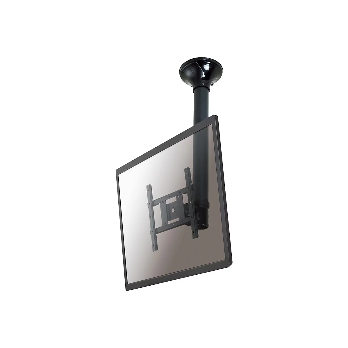 Deckenhalterung fÃ¼r Fernseher. Schwarze Konstruktion mit quadratischem Bildschirm.