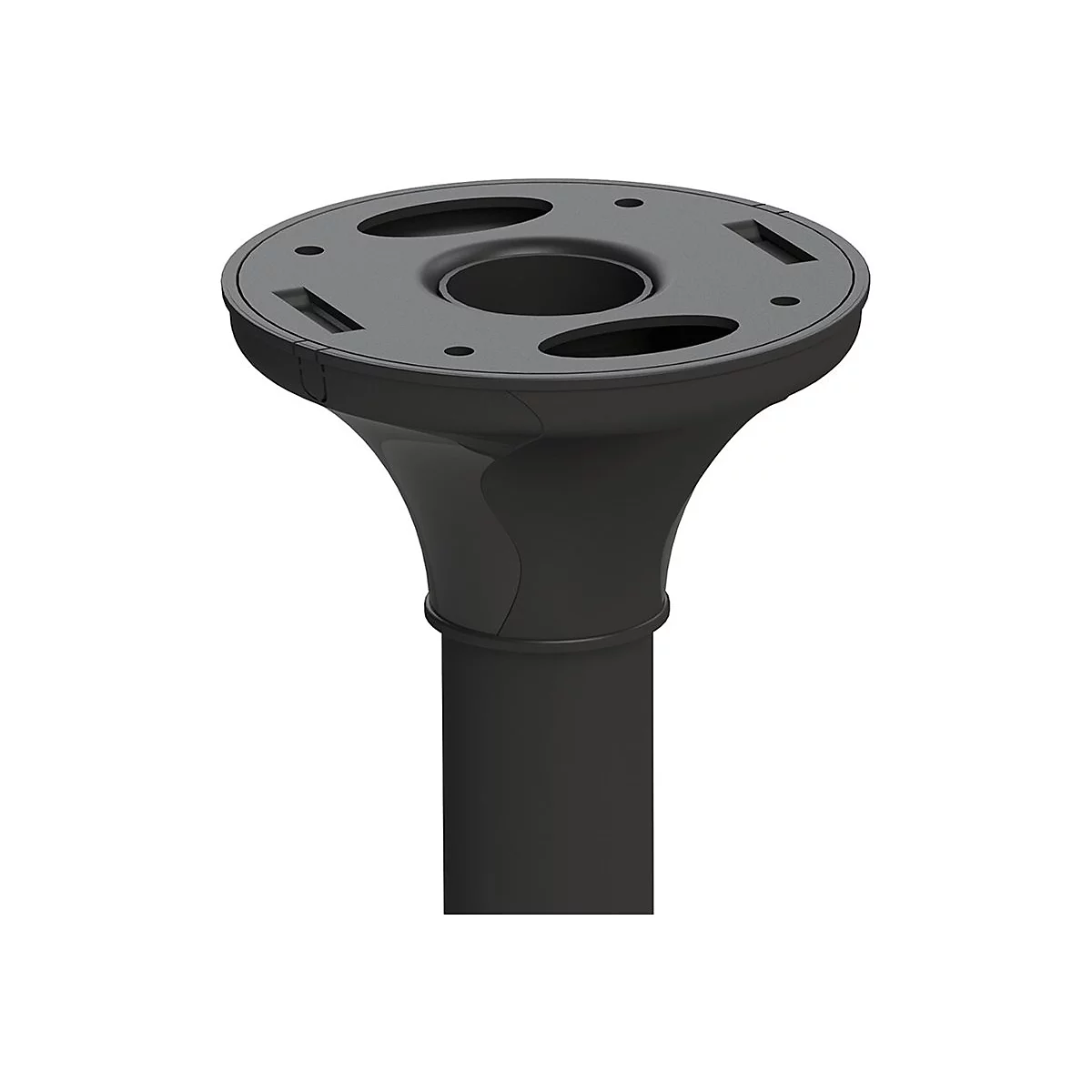 Schwarze, metallische Halterung mit runder Basis, trichterfÃ¶rmigem Mittelteil und zylindrischem Sockel. Oben befinden sich LÃ¶cher.