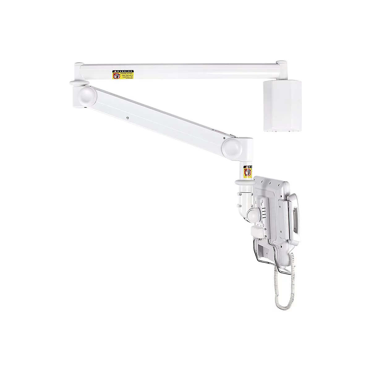 WeiÃŸer, an der Wand montierter medizinischer Arm, mit RÃ¶ntgenausrÃ¼stung am Ende. Ein gelbes Warnschild ist sichtbar.