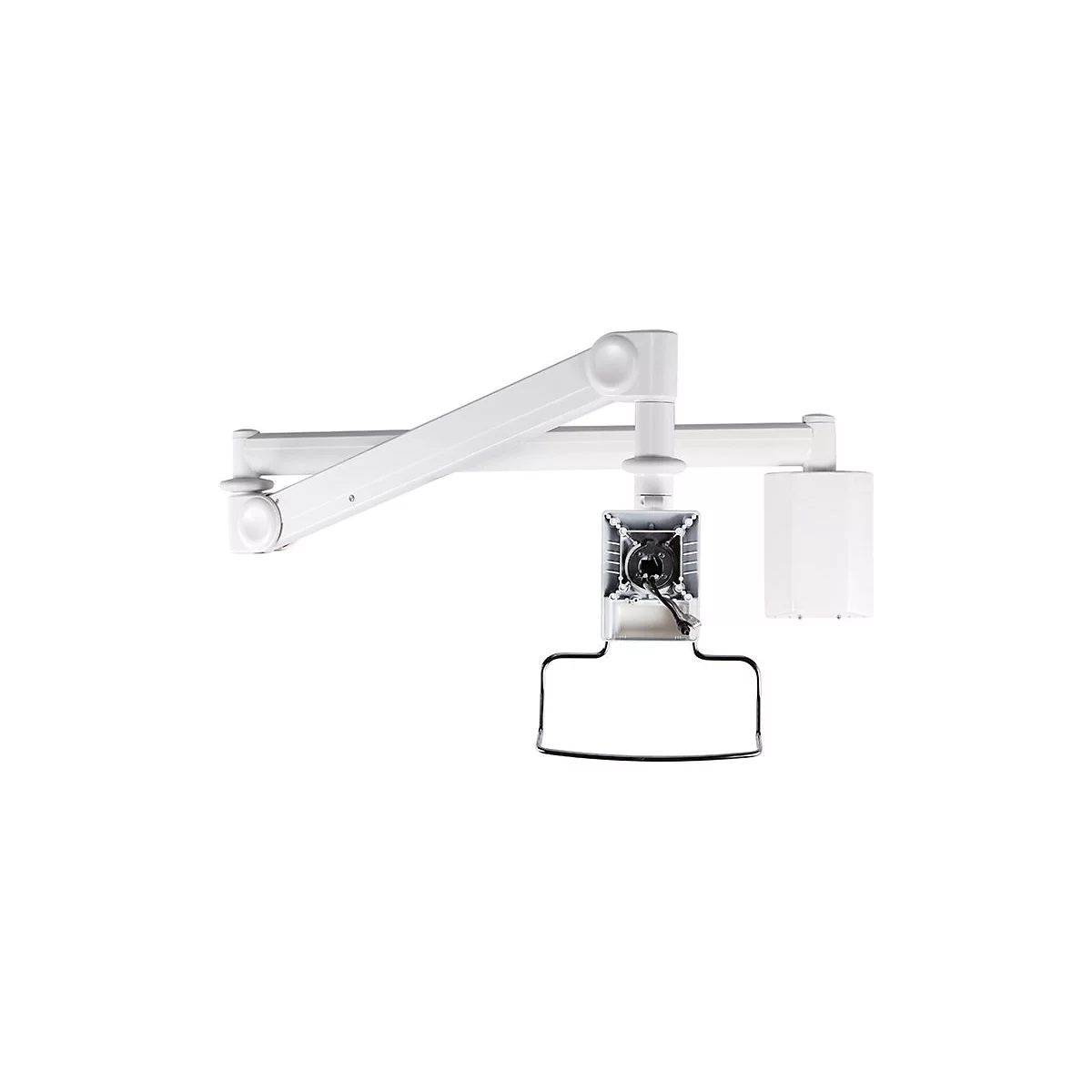 WeiÃŸer, flexibler Arm fÃ¼r medizinisches GerÃ¤t. Mit quadratischem GehÃ¤use, schwarzem Kabel und Halterung.