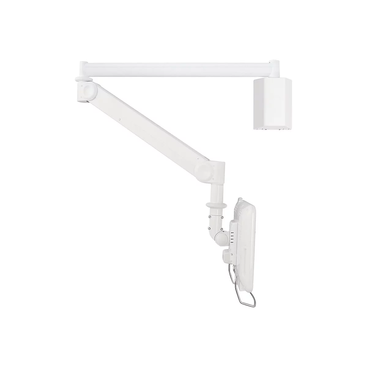 WeiÃŸes, wandmontiertes medizinisches GerÃ¤t, das mit einem Gelenkarm an der Wand befestigt ist. Am Ende des Arms ist ein Touchscreen-Monitor.