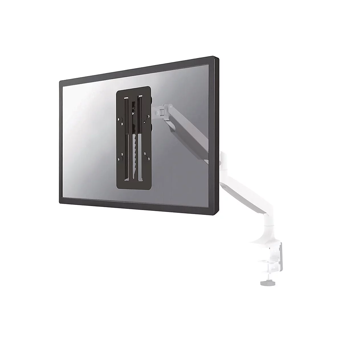 Ein Monitor mit Halterung, an einem weiÃŸen Schwenkarm befestigt. Schwarze Halterung, grauer Bildschirm.