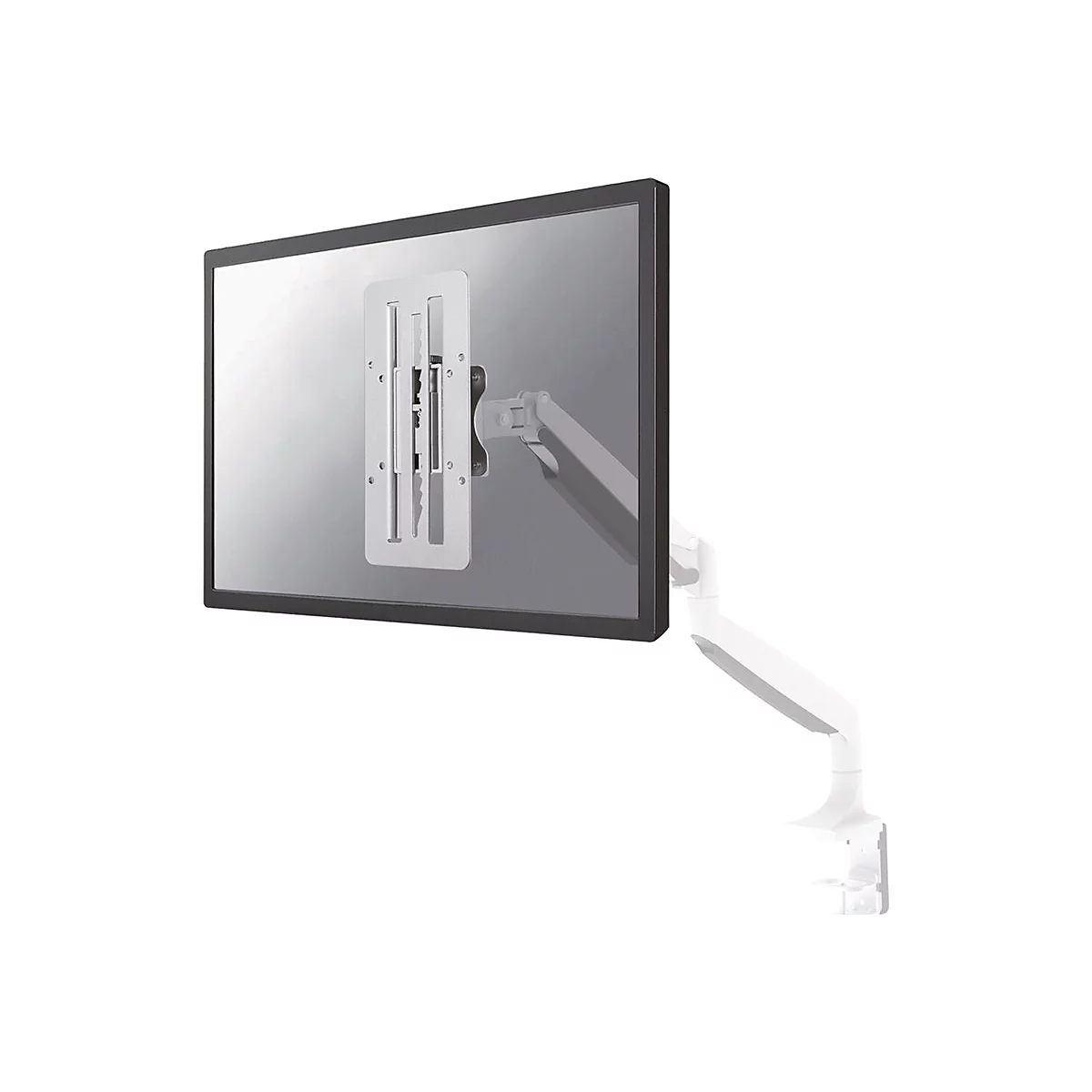 Monitor mit Halterung, vor weißem Hintergrund, schwarz gerahmt, silberne Halterung.