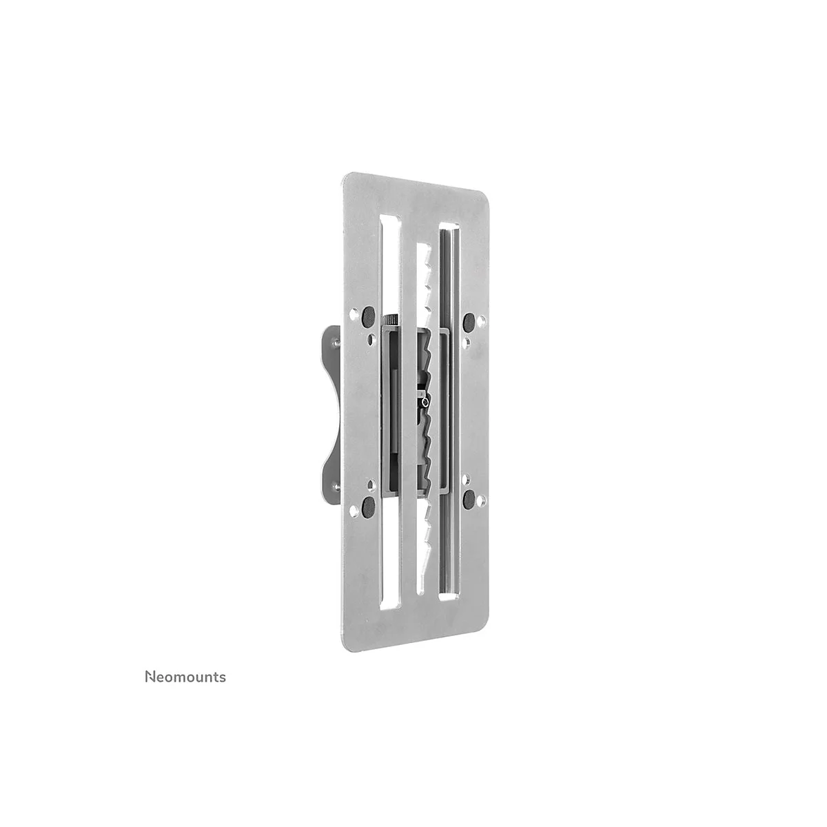 Graue TV-Halterung. Aus Metall mit Schlitzen und Halterungen zur Wandmontage. Neomounts Logo.