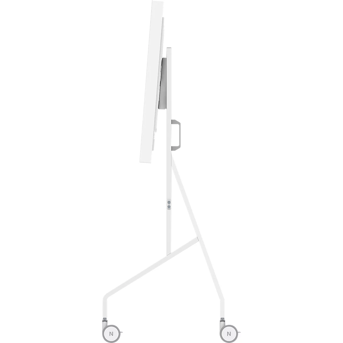 Wit flip-overbord met wielen, zijaanzicht. Het frame is filigraan.