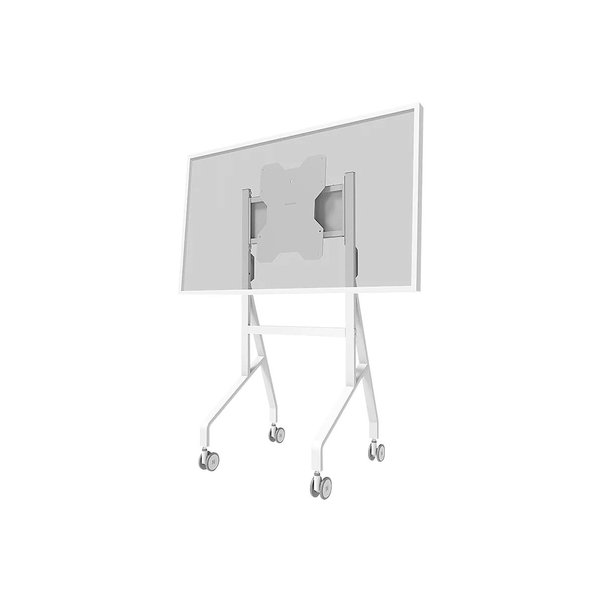 Een witte tv op een witte standaard met wielen. De standaard is gemaakt van metaal en heeft een modern design.