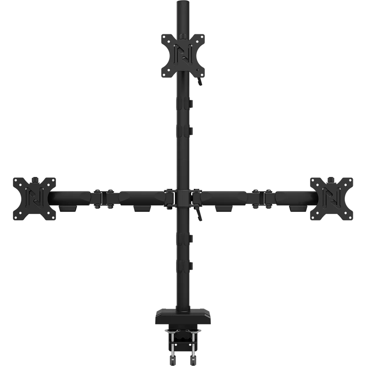 Zwarte monitorstandaard voor vier monitoren, gerangschikt als een kruis. Het wordt aan de rand van een tafel bevestigd.