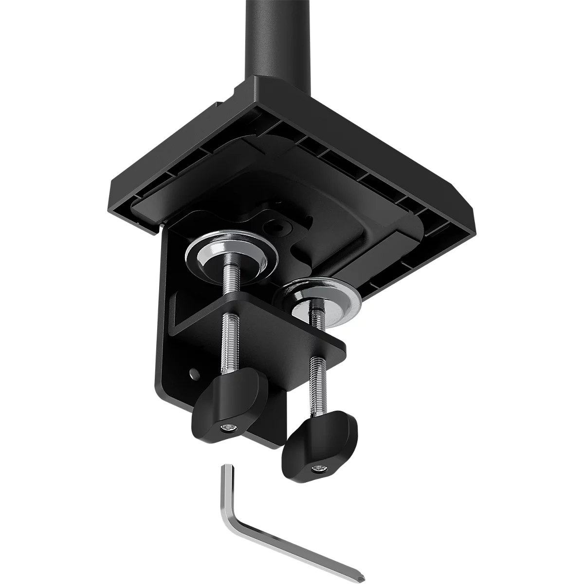 Zwarte bureauklem met twee schroeven en een inbussleutel. De klem is bevestigd aan een monitorarm.
