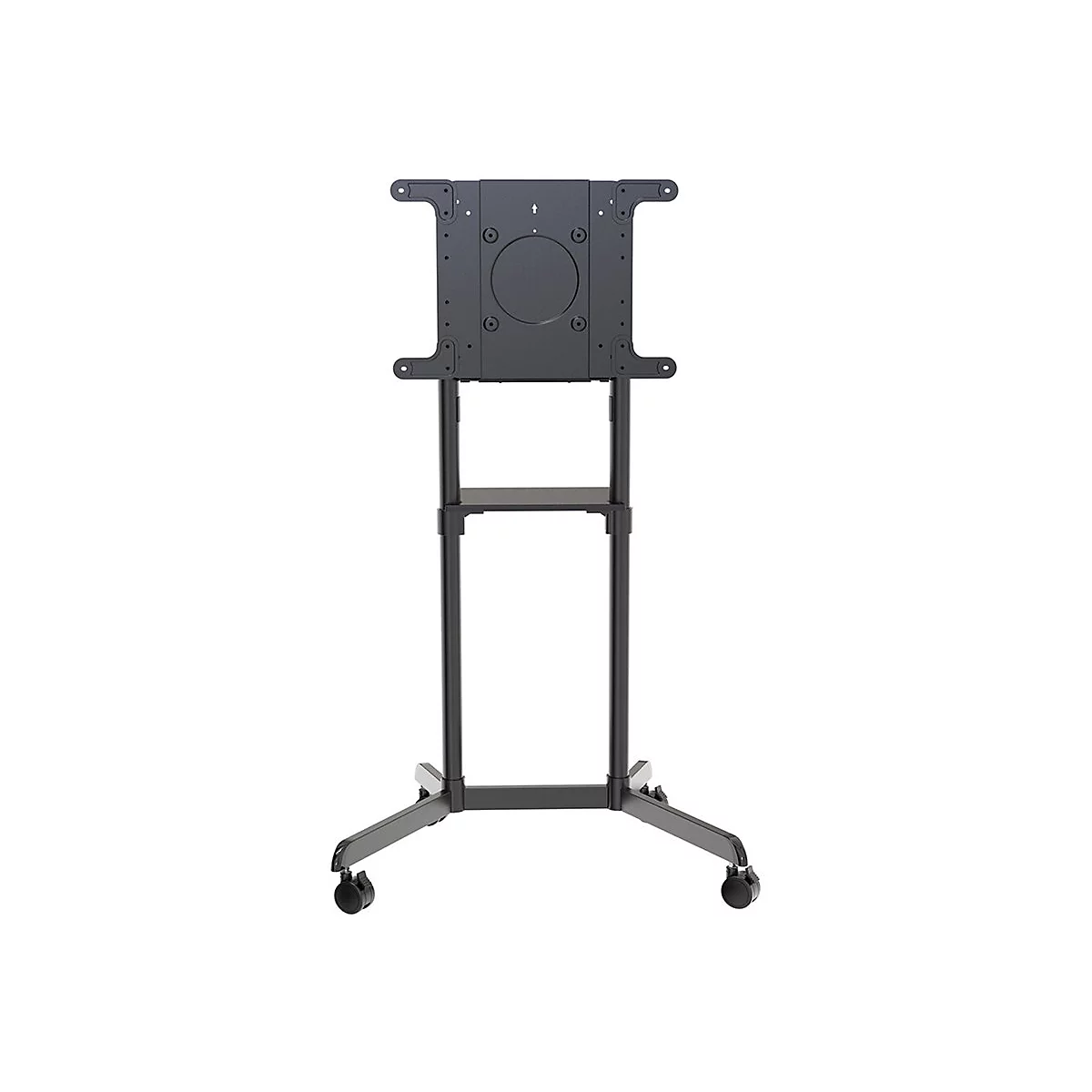 Support TV noir roulant. Support supérieur avec vis, étagère en dessous et base roulante.