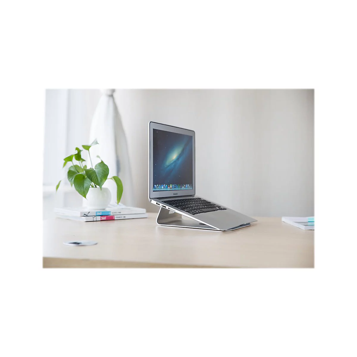 Laptop auf einem Ständer, daneben eine Pflanze und Bücher.