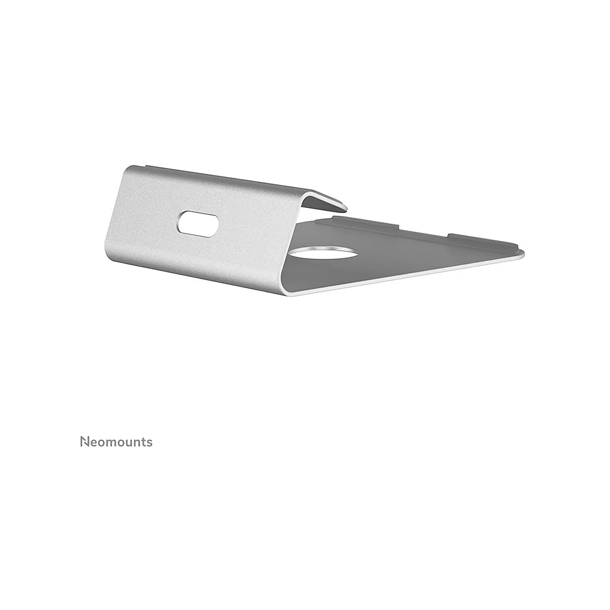 Silberfarbener Tablet-Ständer, Metall. Neomounts Schriftzug.