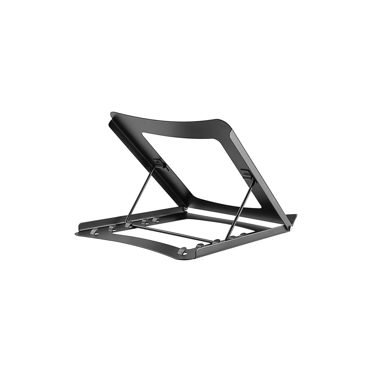 Schwarzer LaptopstÃ¤nder, offen, auf weiÃŸem Hintergrund. Metallrahmen mit schrÃ¤gen StÃ¼tzen.