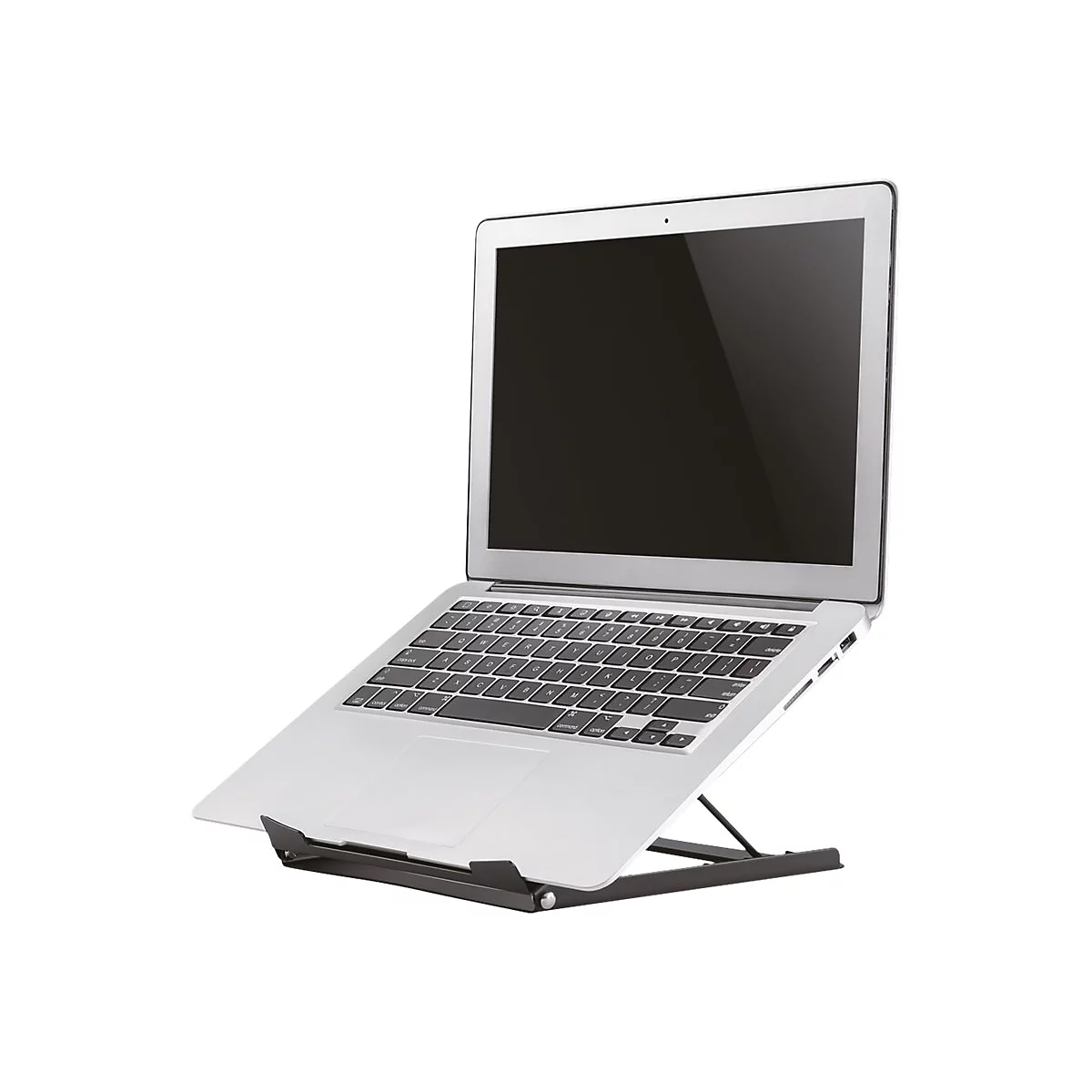 Ein silbernes Laptop auf einem schwarzen, zusammenklappbaren StÃ¤nder. Der Bildschirm ist schwarz.
